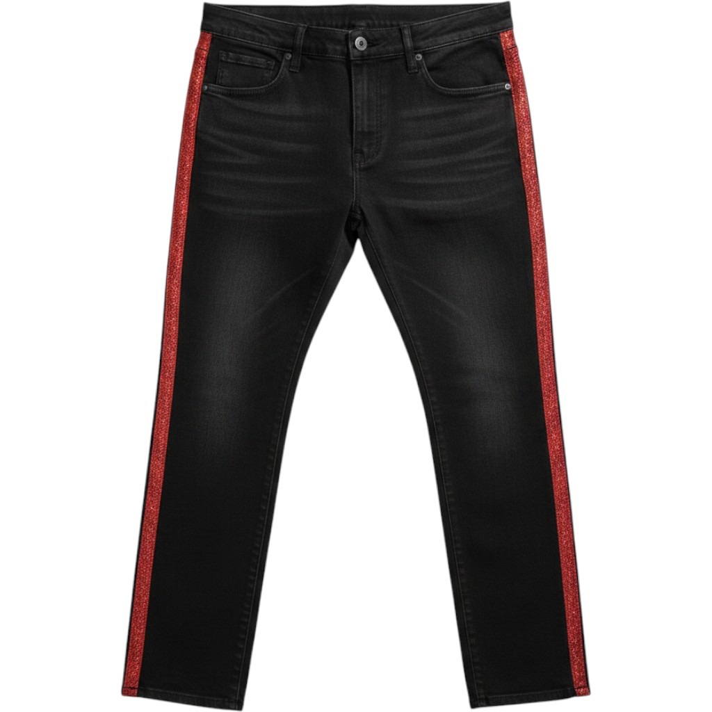 Supreme Black Distressed Jeans Red Glitter Side Stripe Ankle Zip Mens 37x30